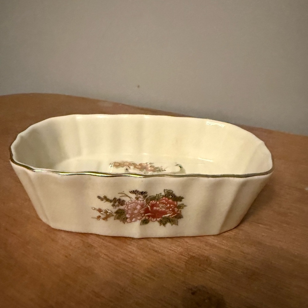 Vintage Japanese Porcelain floral, bird, print gold edge Soap or Trinket Dish